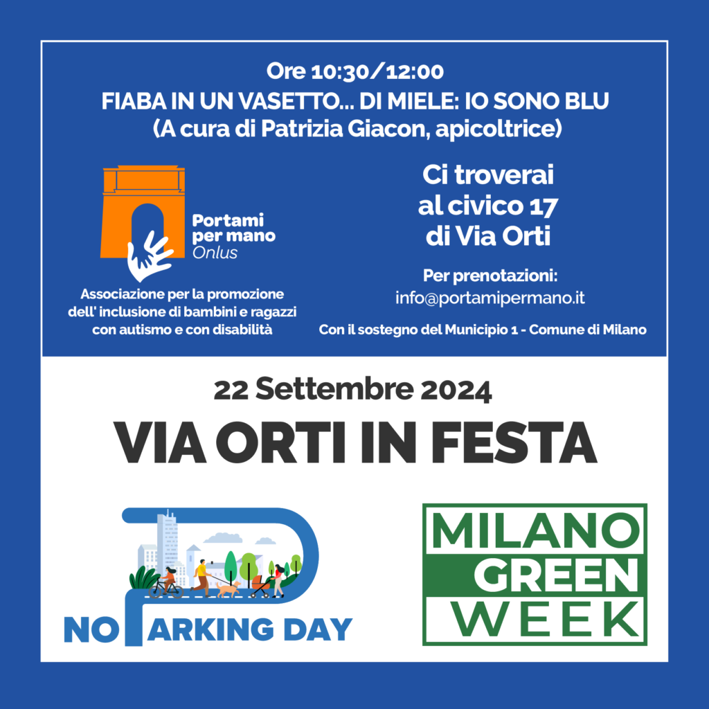 Portami per mano NoParking Day via Orti, laboratorio Fiaba in un vasetto di miele Io sono blu